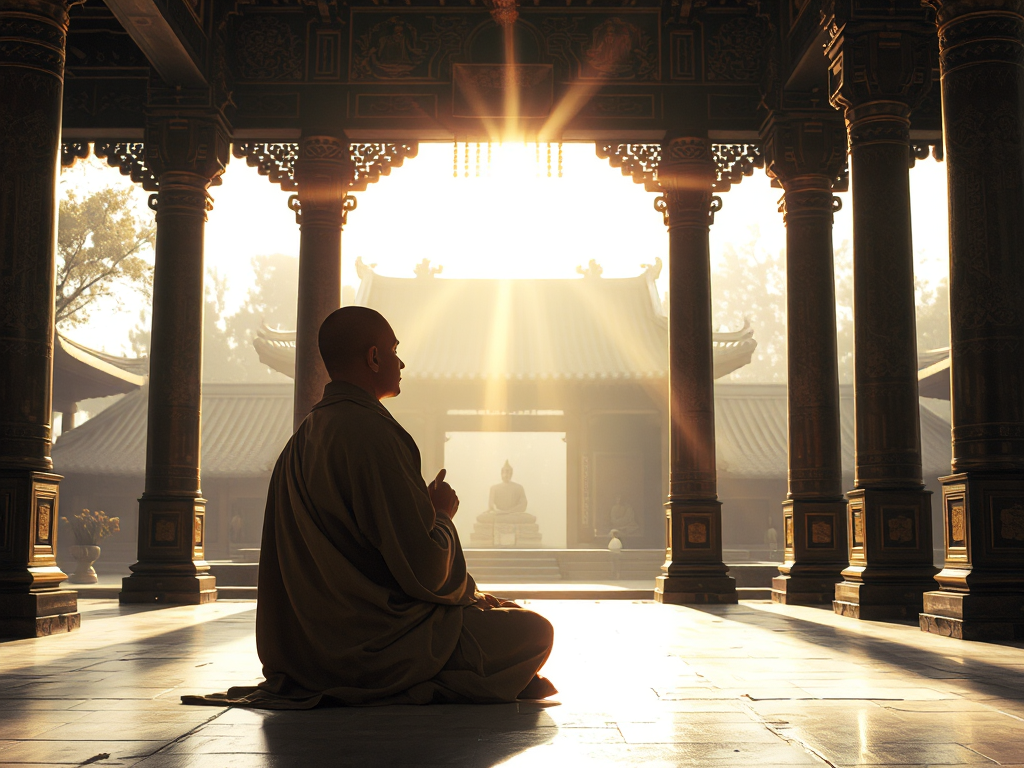 Hình ảnh vị thiền sư ngồi thiền trong khuôn viên chùa cổ kính với ánh sáng vàng dịu nhẹ, tượng trưng cho sự bình an và trí tuệ trong thực hành Chú Lăng Nghiêm Hình ảnh vị thiền sư ngồi thiền trong khuôn viên chùa cổ kính với ánh sáng vàng dịu nhẹ, tượng trưng cho sự bình an và trí tuệ trong thực hành Chú Lăng Nghiêm