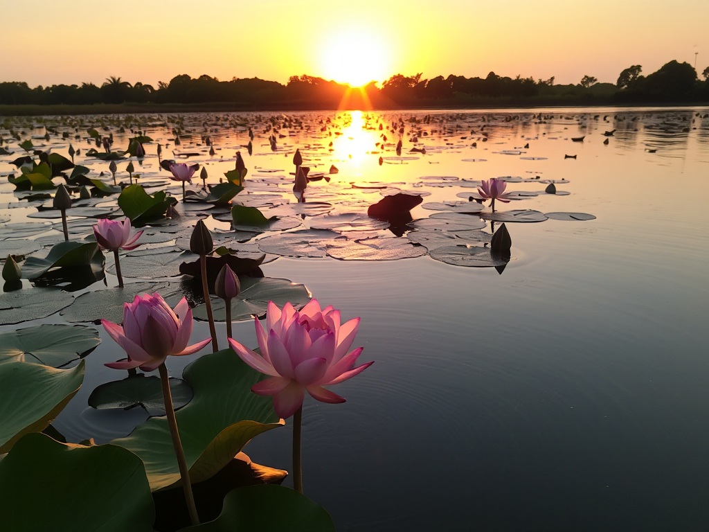 Hồ sen yên bình vào lúc hoàng hôn với ánh sáng vàng phản chiếu trên mặt nước, hoa sen nở các giai đoạn, tạo không gian thiền định thanh tịnh trong Kinh Bi Hoa