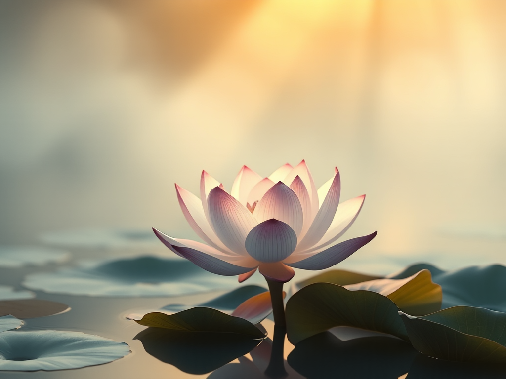 Hoa sen thanh khiết nở rộ trên mặt hồ yên bình, ánh sáng vàng dịu nhẹ xuyên qua sương mù, tượng trưng cho lòng từ bi trong Kinh Bi Hoa