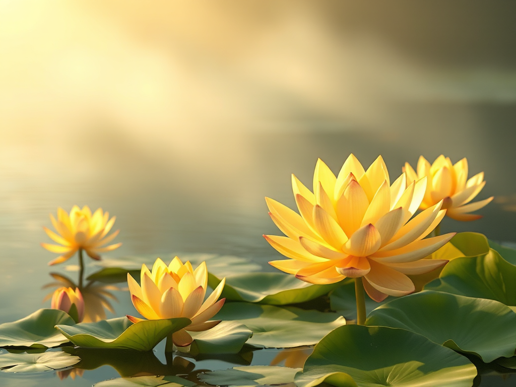 Hoa sen vàng nở rộ trên mặt nước yên bình, ánh sáng dịu nhẹ buổi sáng, phong cách nghệ thuật Phật giáo Việt Nam truyền thống, tạo cảm giác thanh tịnh và thiền định