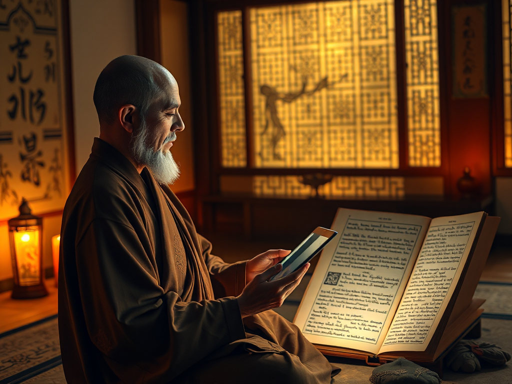 Học giả dịch kinh điển Phật giáo hiện đại với công nghệ số, kết hợp giữa bản thảo truyền thống và thiết bị hiện đại trong không gian yên tĩnh, thể hiện sự giao thoa giữa cổ điển và đương đại trong ...