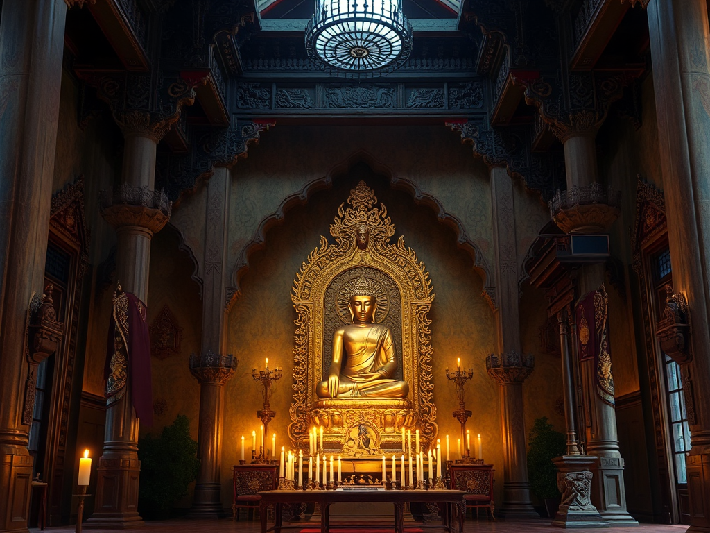 Không gian bên trong chùa cổ với tượng Phật bằng vàng, ánh nến lung linh, hoa văn chạm khắc tinh xảo, tạo nên không khí thanh tịnh và trang nghiêm Không gian bên trong chùa cổ với tượng Phật bằng vàng, ánh nến lung linh, hoa văn chạm khắc tinh xảo, tạo nên không khí thanh tịnh và trang nghiêm
