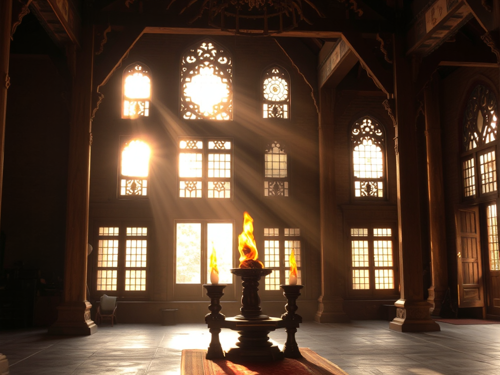 Không gian chùa cổ với ba ngọn lửa tượng trưng cho tham sân si, ánh sáng vàng dịu nhẹ, kiến trúc truyền thống Đông Nam Á, tạo cảm giác thanh tịnh và thiêng liêng