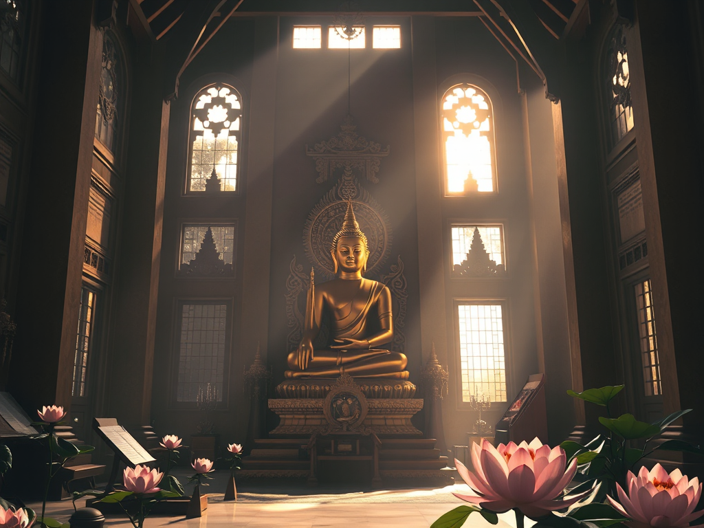 Không gian chùa Phật giáo với tượng Phật vàng, kinh điển cổ, hoa sen thanh khiết dưới ánh sáng dịu nhẹ, kiến trúc Đông Nam Á truyền thống Không gian chùa Phật giáo với tượng Phật vàng, kinh điển cổ, hoa sen thanh khiết dưới ánh sáng dịu nhẹ, kiến trúc Đông Nam Á truyền thống