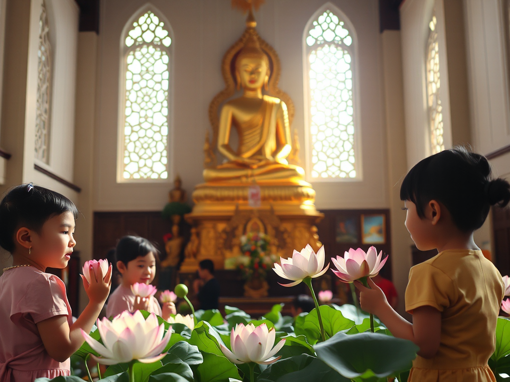 Không gian chùa Phật thanh tịnh với tượng Phật vàng và trẻ em Việt Nam trong trang phục truyền thống dâng hoa sen, ánh sáng tự nhiên nhẹ nhàng tạo cảm giác bình an