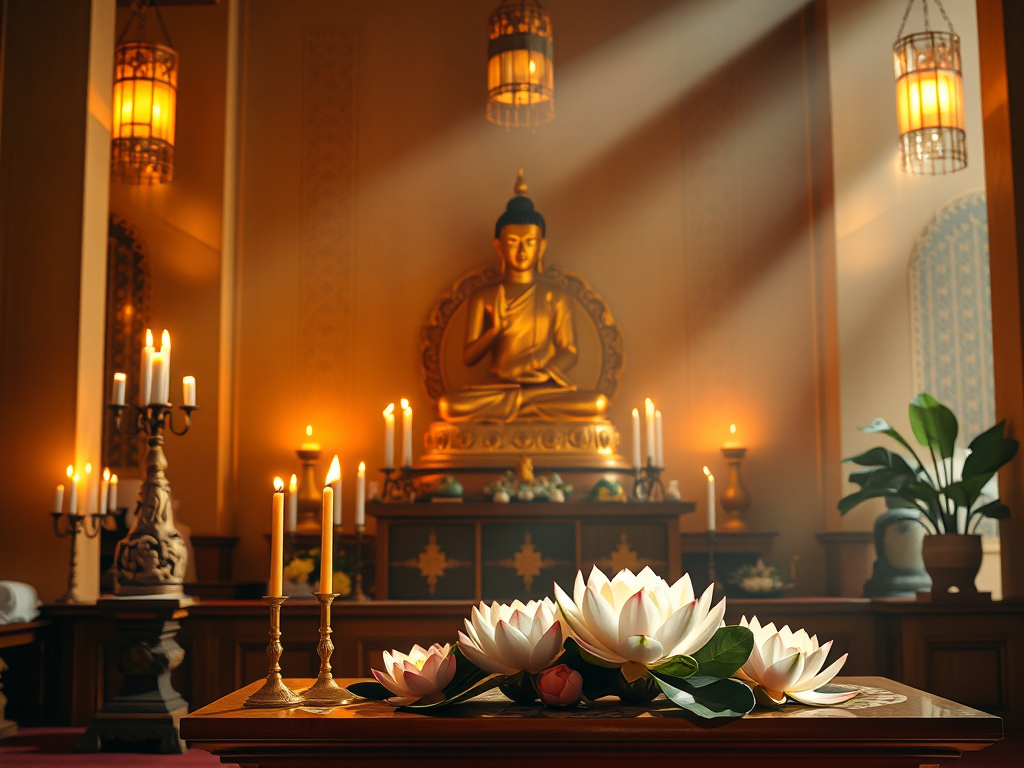 Không gian chùa thanh tịnh với tượng Phật vàng, nến lung linh, hoa sen trên bàn thờ, ánh sáng ấm áp tạo cảm giác an lạc