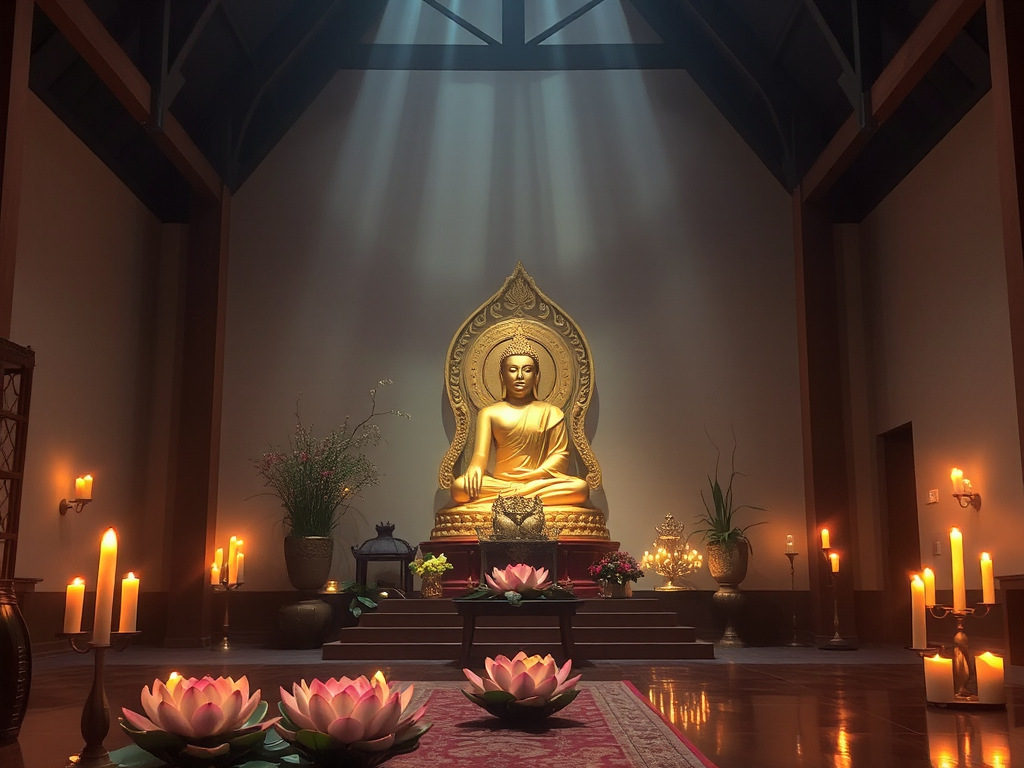Không gian chùa Việt Nam thanh tịnh với tượng Phật A Di Đà vàng, hoa sen, nến sáng tạo không khí thiền định yên bình