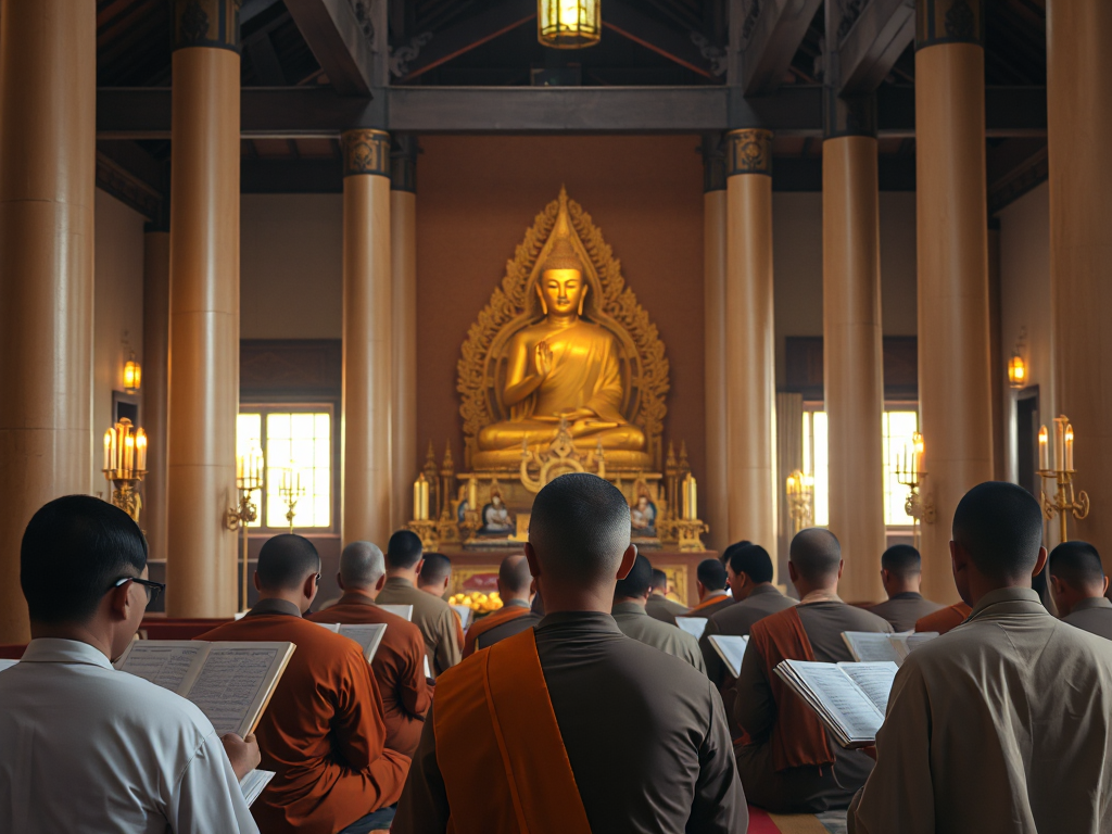 Không gian chùa Việt Nam thanh tịnh với tượng Phật vàng và các tăng ni đang nghiên cứu kinh điển trong ánh nến ấm áp