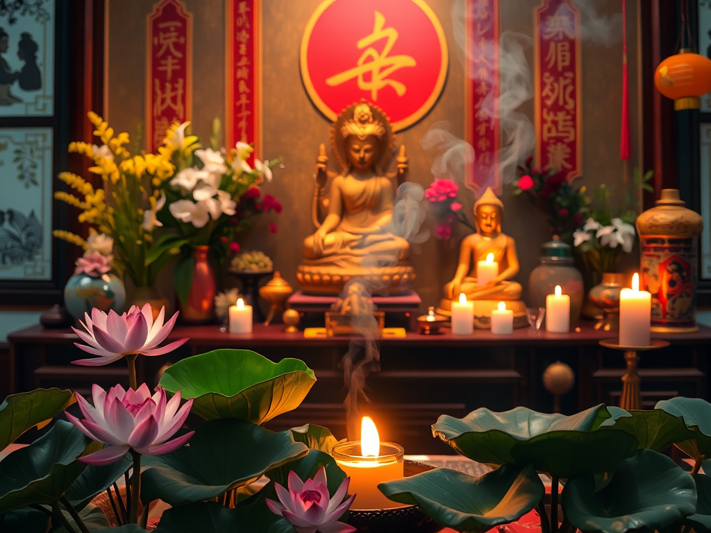 Không gian thờ cúng Phật giáo với hoa sen, hương trầm và tượng Phật vàng, ánh nến dịu nhẹ tạo không khí trang nghiêm cho lễ Vu Lan báo hiếu