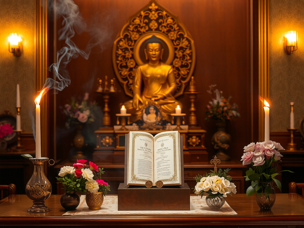 Không gian thờ cúng Phật trang nghiêm với hương trầm nghi ngút, hoa tươi và kinh Địa Tạng Bồ Tát Bổn Nguyện được đặt chính giữa, ánh sáng vàng dịu tạo nên bầu không khí thanh tịnh.