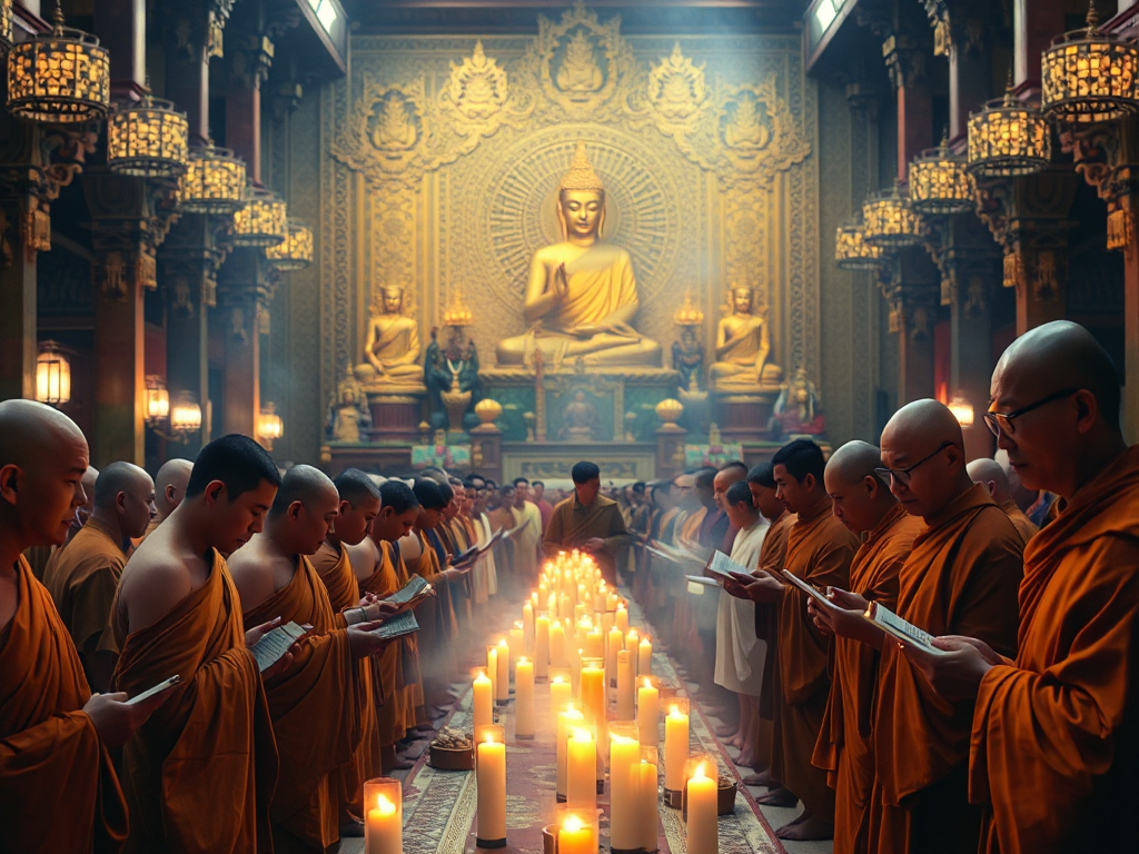 Không gian tụng kinh Kim Cang tại chùa lớn ở Bình Dương với tăng ni và phật tử cung kính lễ Phật, thắp hương và tụng kinh trong ánh đèn nến ấm áp Không gian tụng kinh Kim Cang tại chùa lớn ở Bình Dương với tăng ni và phật tử cung kính lễ Phật, thắp hương và tụng kinh trong ánh đèn nến ấm áp