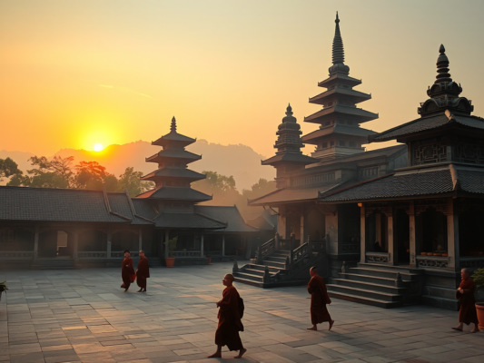 Khung cảnh chùa Phật giáo thanh bình lúc hoàng hôn với ánh sáng vàng rực rỡ chiếu lên các tháp đá cổ kính, kiến trúc Việt Nam truyền thống, tạo cảm giác thiêng liêng và tĩnh lặng