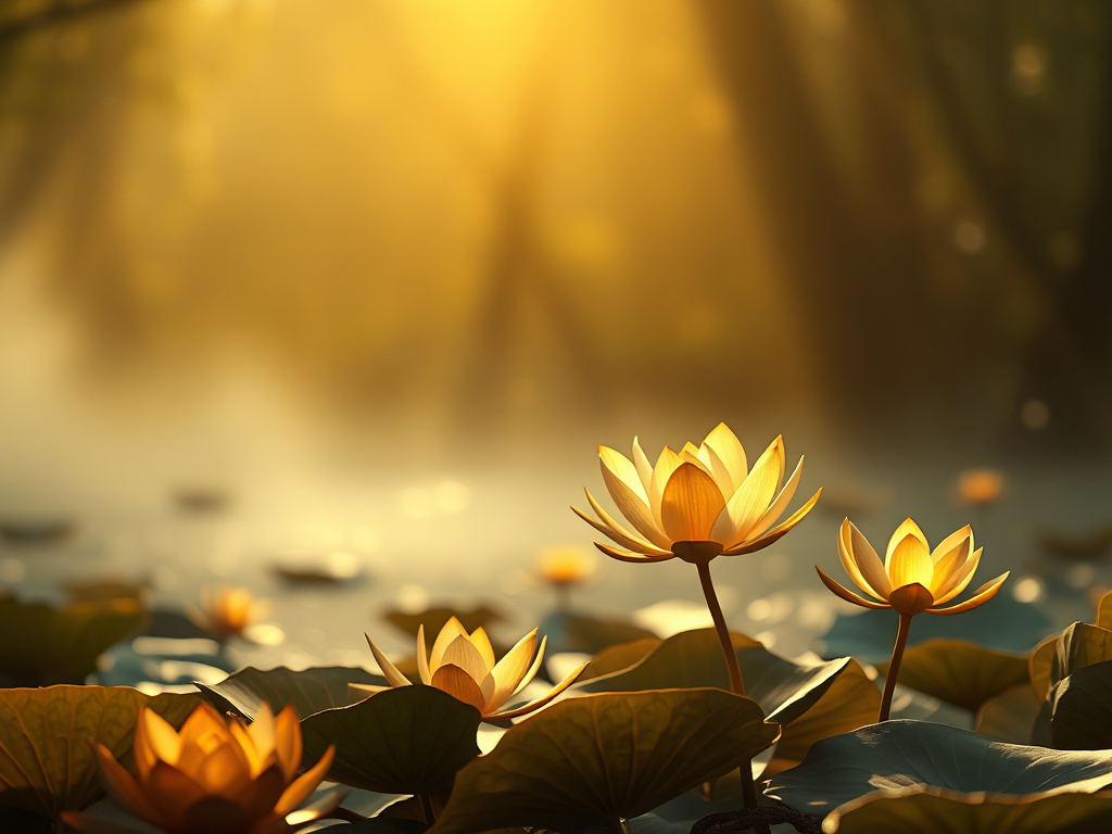 Khung cảnh thiền định thanh bình với hoa sen vàng và ánh sáng dịu nhẹ, tượng trưng cho sự giác ngộ tinh thần trong Kinh Hạnh Phúc