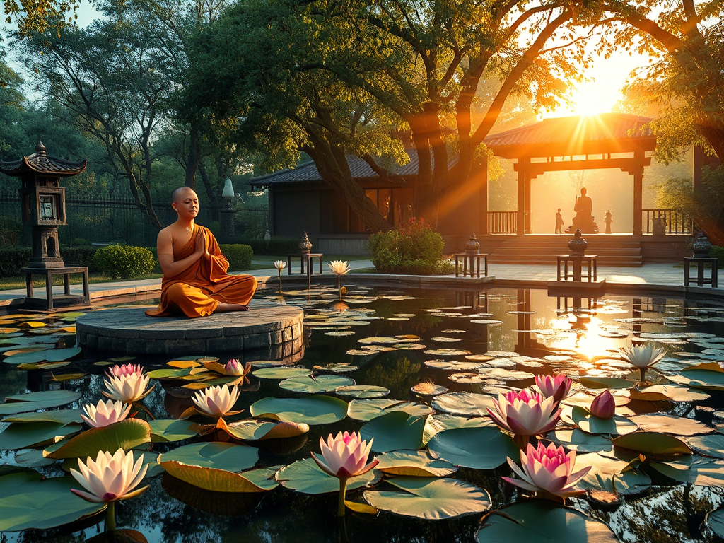 Khung cảnh thiền định thanh tịnh với hoa sen nổi trên mặt nước, ánh sáng vàng rực rỡ xuyên qua tán cây, thiền sư Phật giáo ngồi kiết già trong vườn thiền truyền thống Châu Á Khung cảnh thiền định thanh tịnh với hoa sen nổi trên mặt nước, ánh sáng vàng rực rỡ xuyên qua tán cây, thiền sư Phật giáo ngồi kiết già trong vườn thiền truyền thống Châu Á