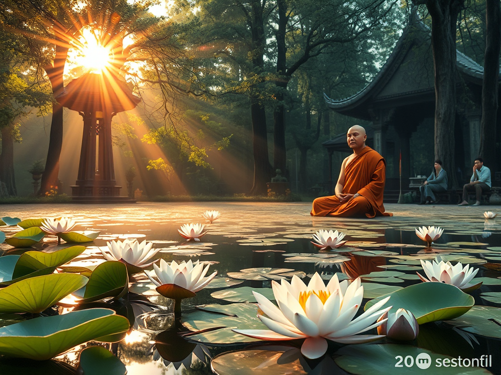 Khung cảnh thiền định yên bình với hoa sen trên mặt nước, ánh sáng vàng lọt qua tán cây, nhà sư ngồi kiết già trong trang phục truyền thống tại ngôi chùa trong rừng thanh tịnh
