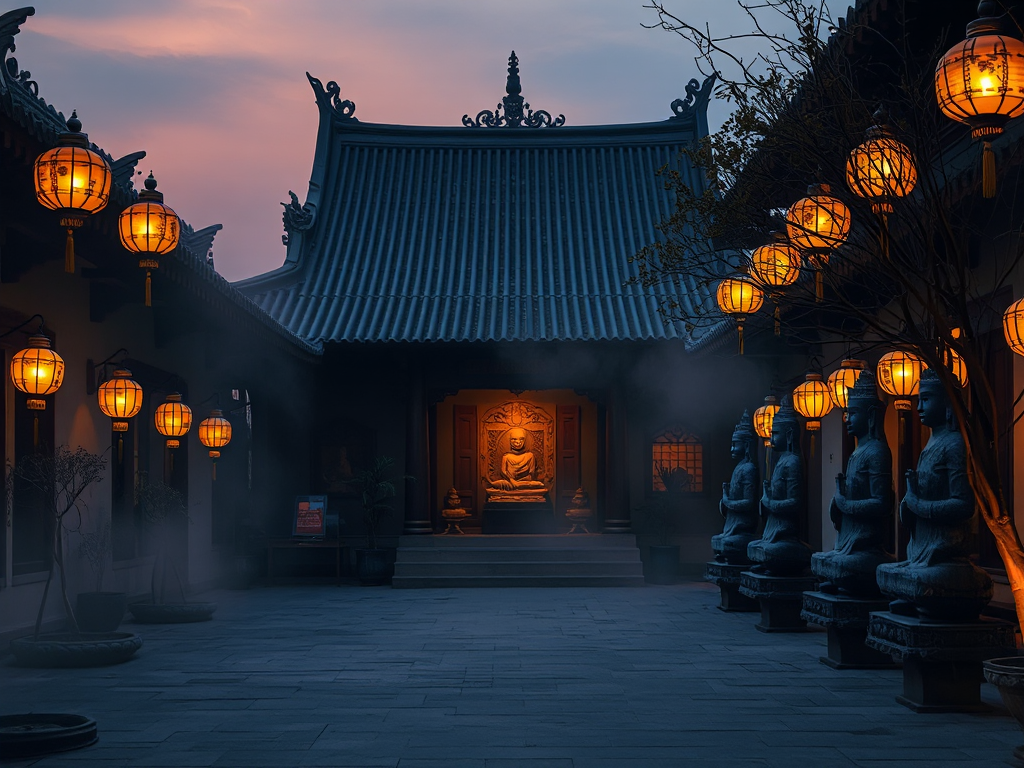 Khung cảnh yên bình của ngôi chùa Việt Nam với tượng Kinh Địa Tạng Bồ Tát được thắp sáng bằng đèn lồng vàng, kiến trúc truyền thống, không gian tâm linh thanh tịnh