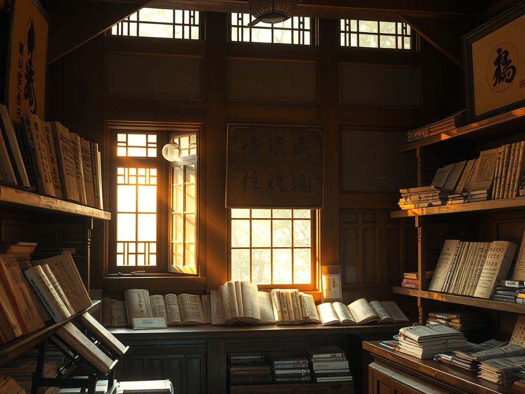 Kinh Bách Dụ được trưng bày cùng các kinh điển Phật giáo khác trên kệ gỗ trong chùa cổ, ánh sáng vàng ấm áp tạo không gian trang nghiêm và thanh tịnh Kinh Bách Dụ được trưng bày cùng các kinh điển Phật giáo khác trên kệ gỗ trong chùa cổ, ánh sáng vàng ấm áp tạo không gian trang nghiêm và thanh tịnh