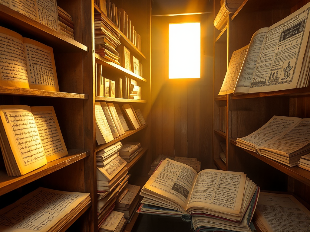 Kinh điển Nguyên thủy nổi bật với các bản thảo Pali và Phạn cổ trên kệ gỗ trong thư viện chùa truyền thống, ánh sáng vàng dịu tôn vinh nét chữ và giấy cổ kính, tạo không gian học thuật thanh tịnh.