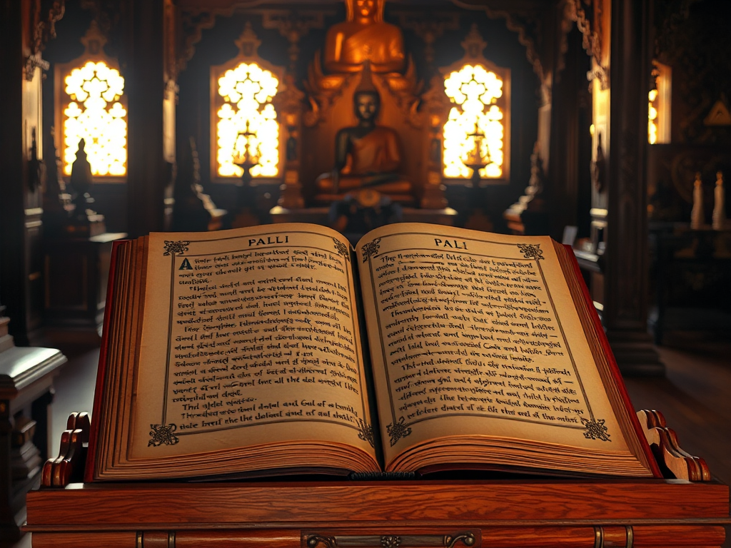 Kinh điển Nguyên thủy tiếng Pali được trưng bày trên giá gỗ trong không gian chùa truyền thống với ánh sáng vàng dịu nhẹ và hoa văn chạm khắc tinh xảo