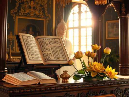 Kinh Pháp Cú được trưng bày trên bàn thờ gỗ cổ kính với hoa sen vàng và ánh sáng vàng lung linh trong không gian chùa Việt Nam truyền thống