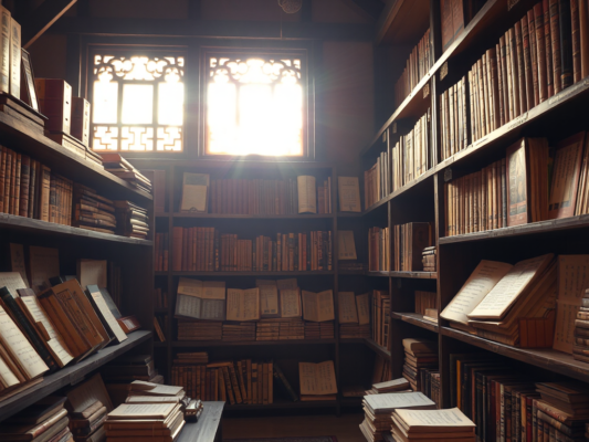 Kinh Phật cổ được sắp xếp trên giá gỗ trong thư viện chùa cổ, ánh sáng vàng dịu nhẹ lọt qua cửa chạm trổ, tạo không gian tâm linh thanh tịnh