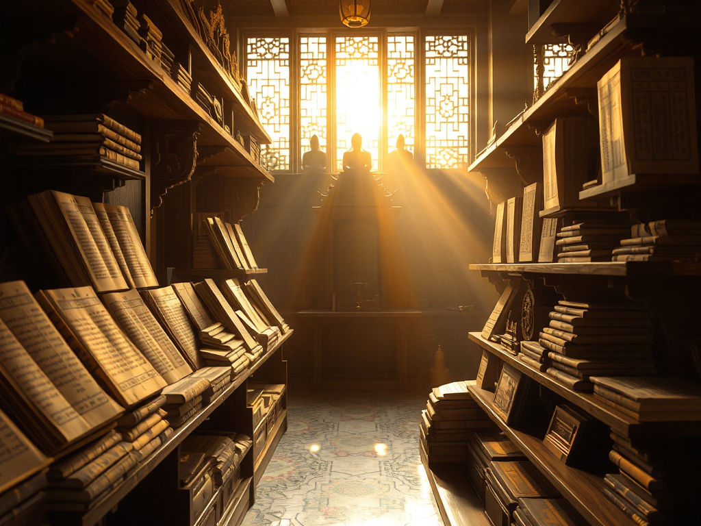 Kinh Tăng Chi Bộ được sắp xếp trên kệ gỗ trong chùa cổ, ánh sáng vàng dịu nhẹ chiếu qua cửa sổ, tạo không gian thanh tịnh và trang nghiêm Kinh Tăng Chi Bộ được sắp xếp trên kệ gỗ trong chùa cổ, ánh sáng vàng dịu nhẹ chiếu qua cửa sổ, tạo không gian thanh tịnh và trang nghiêm