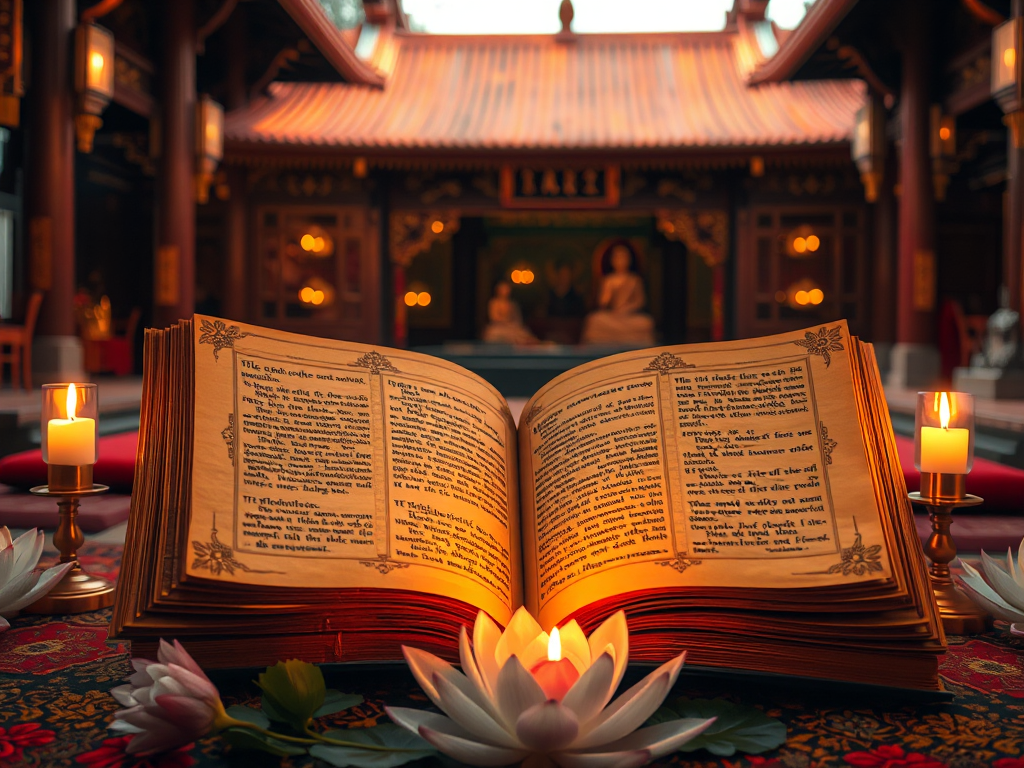 Kinh Tăng Chi Bộ được trưng bày trong không gian chùa cổ kính với ánh nến lung linh, kinh văn vàng óng trên trang giấy, tạo nên không khí thanh tịnh và trang nghiêm