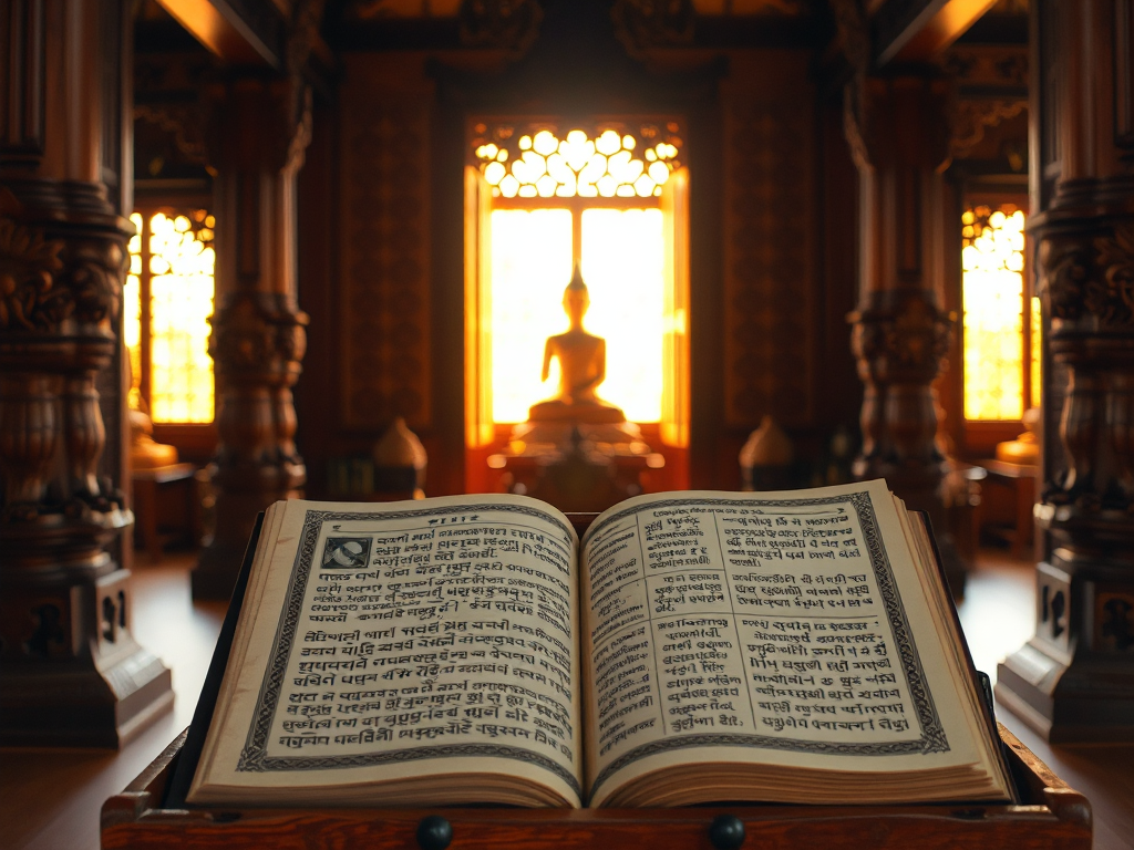 Kinh Tăng Chi Bộ mở trên giá gỗ trong chùa cổ kính, ánh sáng vàng dịu nhẹ qua cửa sổ, không gian linh thiêng thanh tịnh Kinh Tăng Chi Bộ mở trên giá gỗ trong chùa cổ kính, ánh sáng vàng dịu nhẹ qua cửa sổ, không gian linh thiêng thanh tịnh