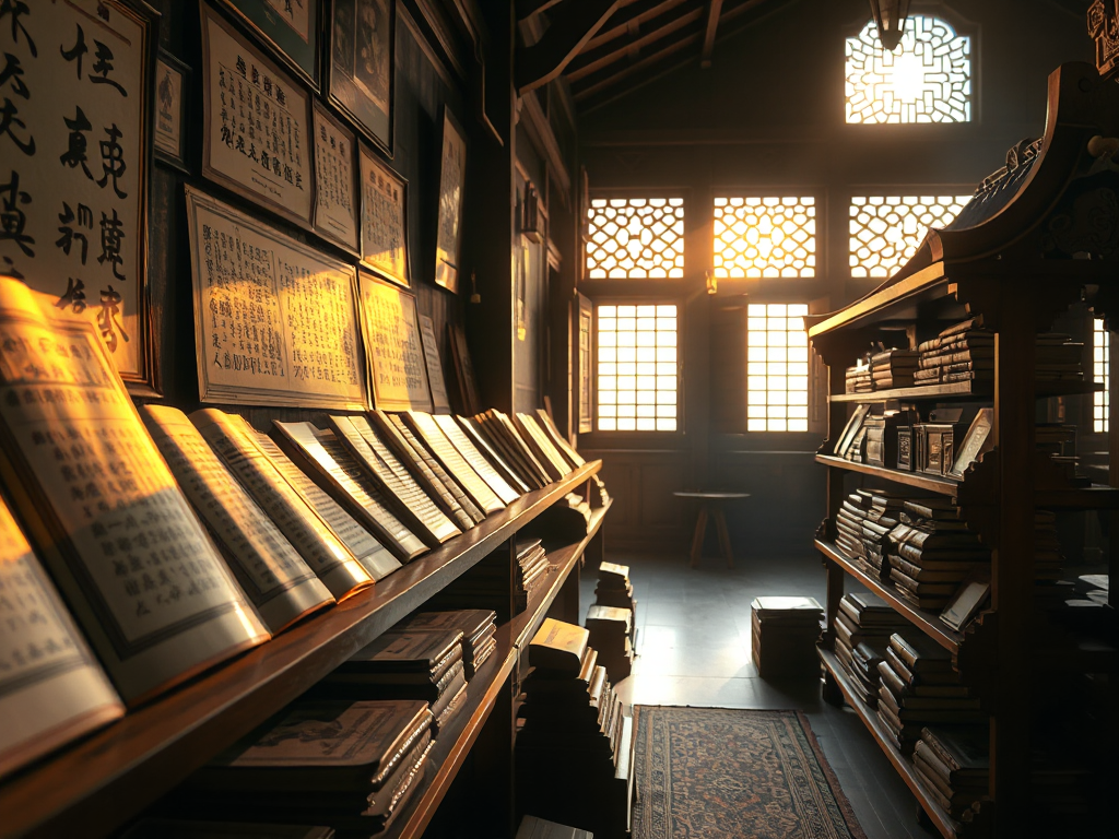 Kinh Trường Bộ được lưu trữ trên giá sách gỗ cổ trong chùa Việt Nam, ánh sáng vàng dịu nhẹ chiếu qua cửa sổ, tạo không gian linh thiêng và trang nghiêm
