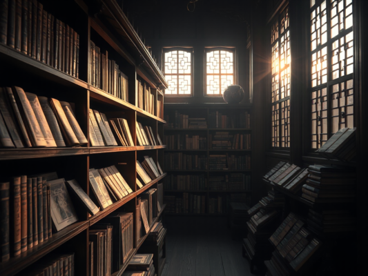 Kinh Trường Bộ được lưu trữ trong thư viện chùa cổ kính với ánh sáng vàng dịu nhẹ, tạo không gian thanh tịnh cho việc nghiên cứu kinh điển Phật giáo