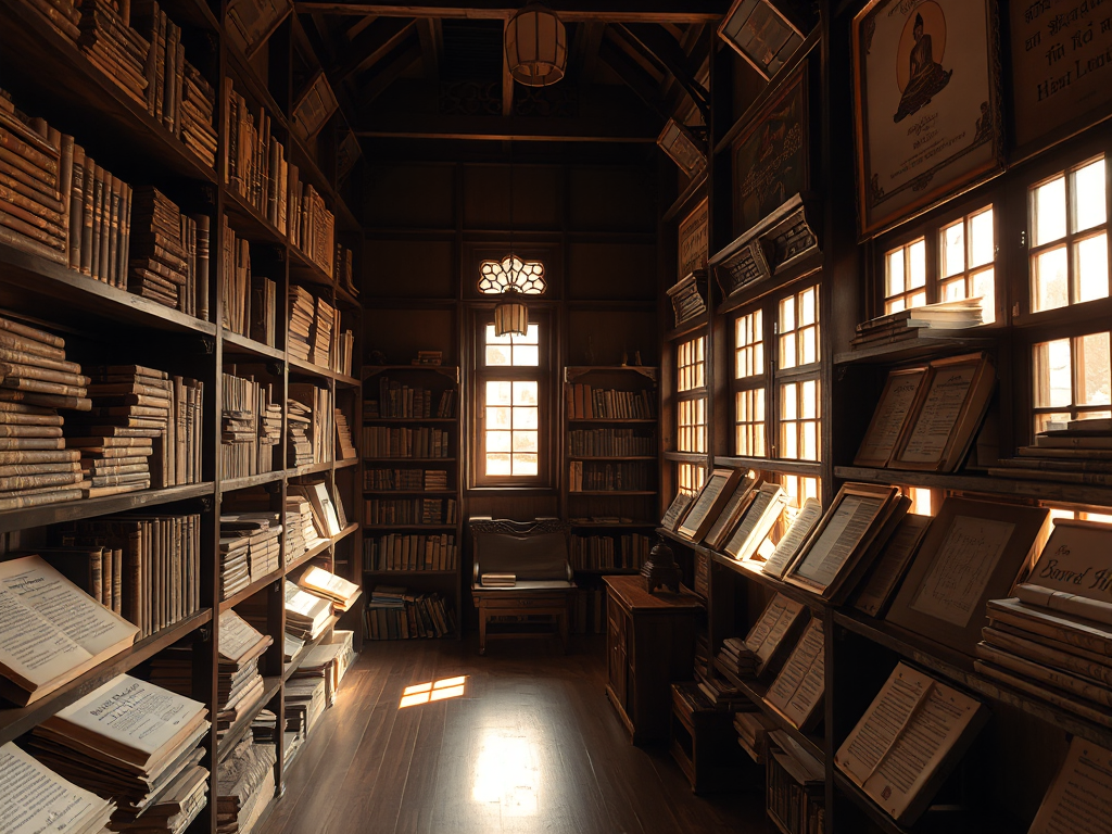 Kinh Trường Bộ được sắp xếp trên kệ gỗ trong thư viện chùa cổ kính với ánh sáng vàng dịu nhẹ chiếu qua cửa sổ, kiến trúc truyền thống Đông Nam Á