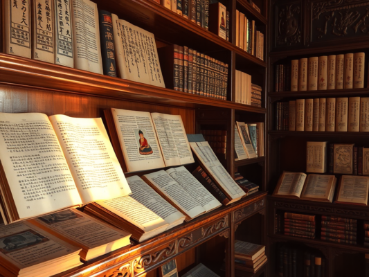 Kinh Tương Ưng Bộ được sắp xếp trên giá sách gỗ cổ, ánh sáng vàng dịu tôn vinh các bản thảo thiêng liêng trong thư viện truyền thống