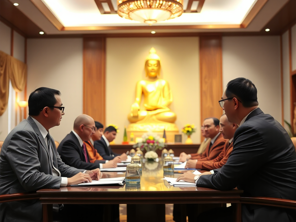 Lãnh đạo doanh nghiệp Phật giáo tỉnh Bình Dương họp bàn chiến lược kinh doanh trong phòng hội nghị chùa, tượng Phật vàng phía sau, không khí trang nghiêm và chuyên nghiệp Lãnh đạo doanh nghiệp Phật giáo tỉnh Bình Dương họp bàn chiến lược kinh doanh trong phòng hội nghị chùa, tượng Phật vàng phía sau, không khí trang nghiêm và chuyên nghiệp