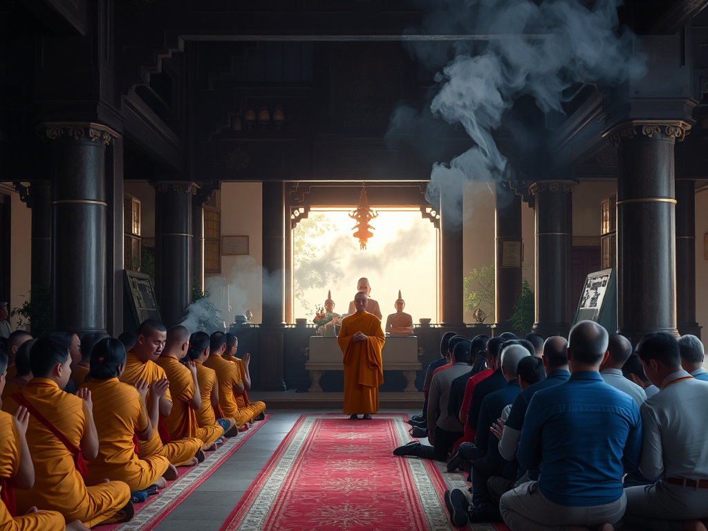 Lễ cầu an đầu năm tại chùa Bình Dương với các nhà sư dẫn lễ, khói hương nghi ngút và tín đồ quỳ lạy thành kính trong không gian thanh tịnh của ngôi chùa cổ kính