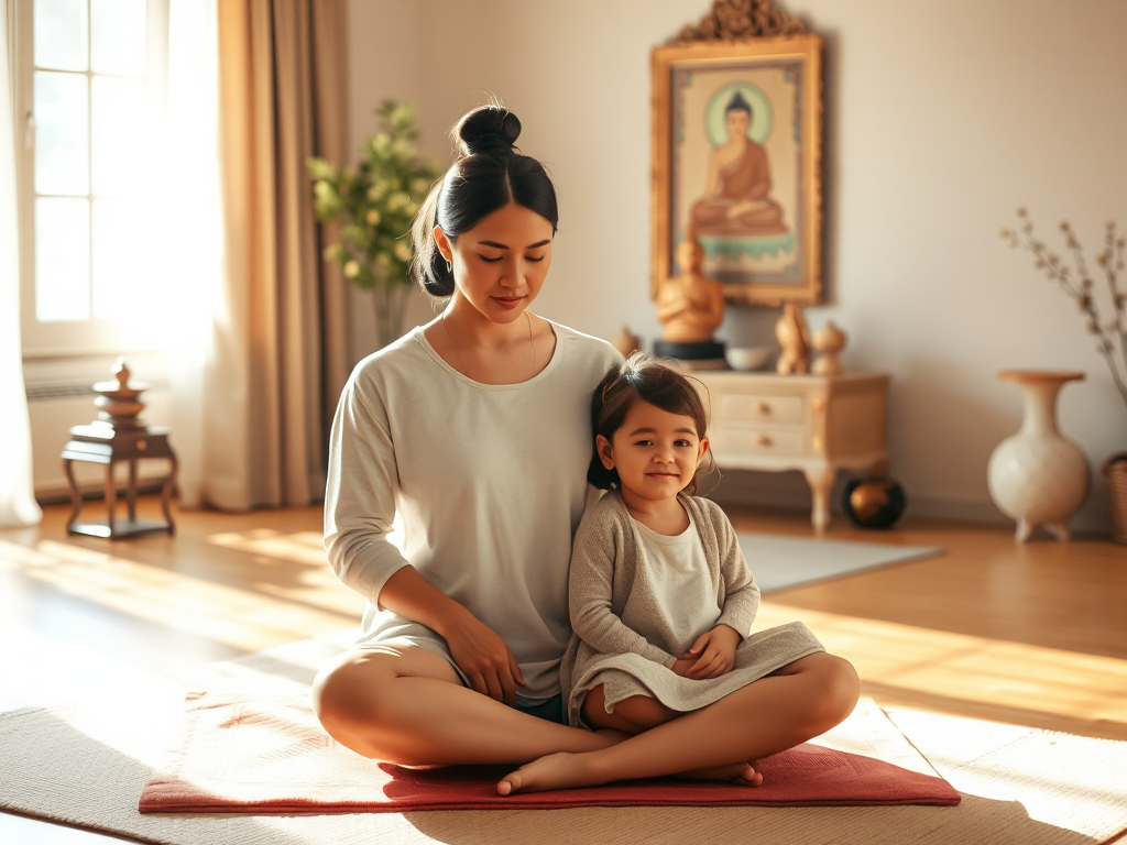 Mẹ và con ngồi thiền cùng nhau trên đệm tọa, ánh sáng buổi sáng nhẹ nhàng chiếu qua cửa sổ, bàn thờ Phật phía sau tạo không gian tâm linh ấm áp cho gia đình
