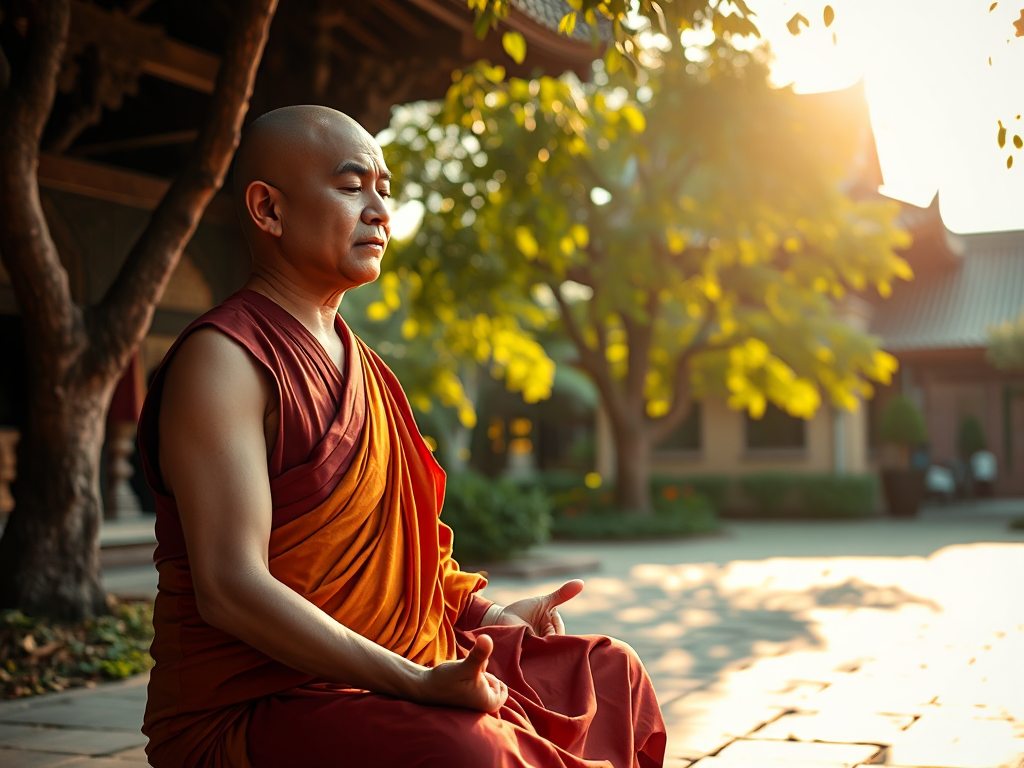 Một nhà sư ngồi thiền trong khu vườn chùa thanh tịnh dưới ánh nắng vàng, tạo nên không gian tụng kinh lý tưởng nhất trong ngày