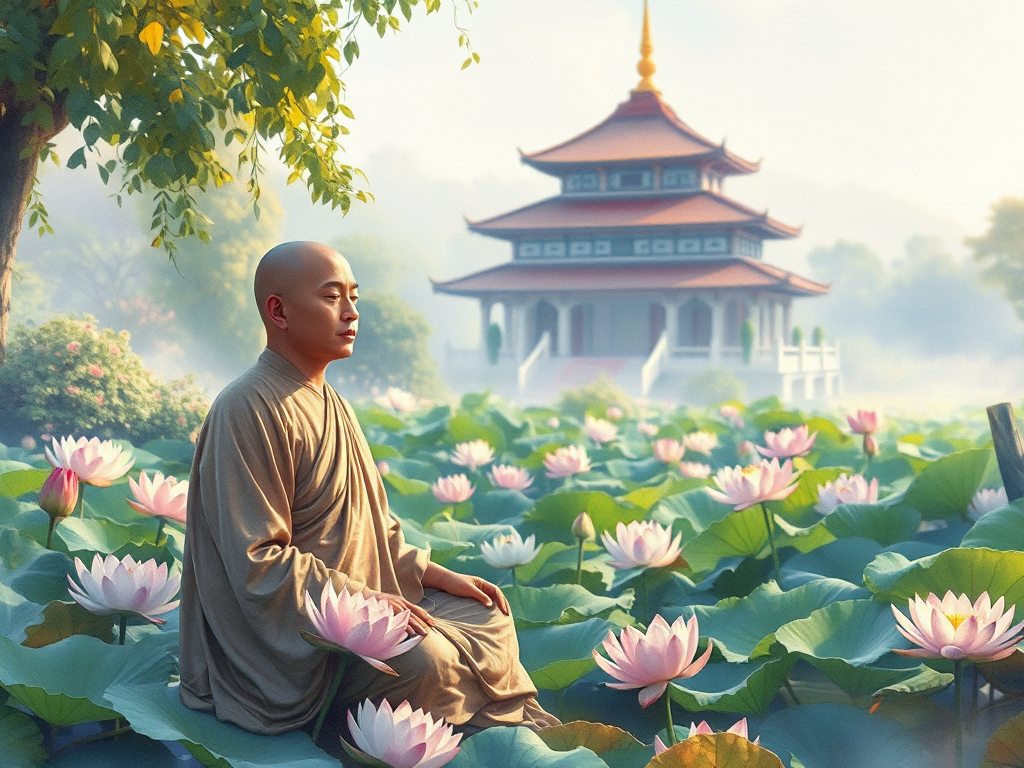Một nhà sư Phật giáo ngồi thiền trong khu vườn yên bình với hoa sen, ánh sáng buổi sáng dịu nhẹ và kiến trúc đền chùa truyền thống Á Đông