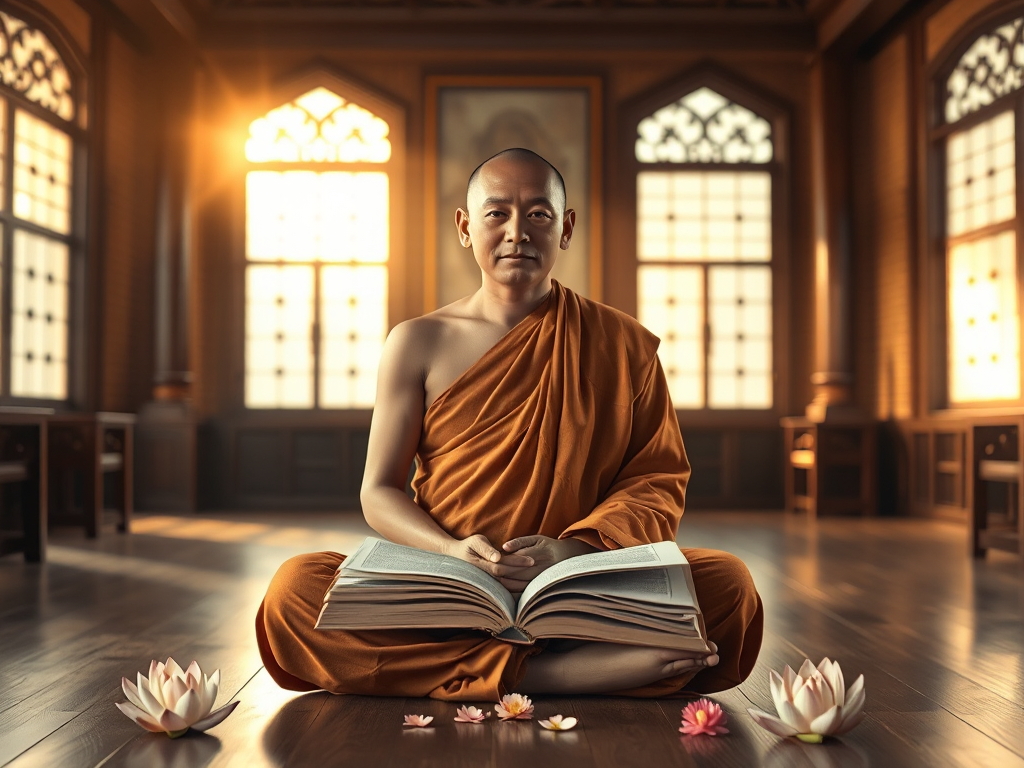 Một vị sư ngồi thiền giữa không gian học đường yên tĩnh, xung quanh là sách vở và hoa sen, ánh sáng vàng dịu nhẹ tạo cảm giác thanh tịnh
