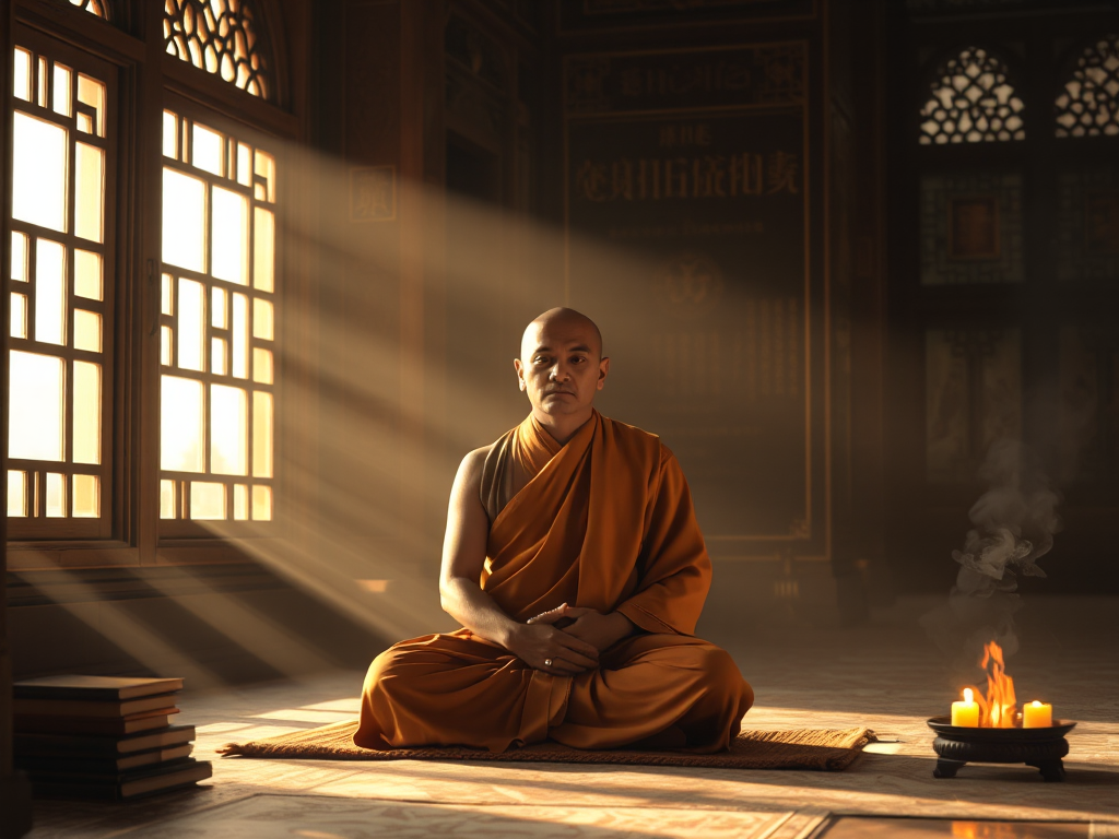 Một vị sư ngồi thiền trên đệm, ánh sáng vàng dịu nhẹ chiếu qua cửa sổ chùa, bên cạnh có kinh sách cổ và nhang đang cháy, tạo không gian thanh tịnh
