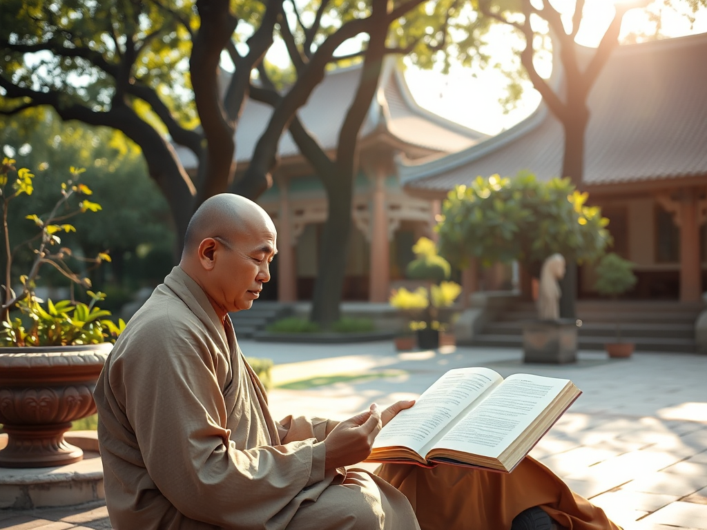 Một vị sư thầy đang đọc kinh Phật trong khuôn viên chùa thanh tịnh, ánh sáng nhẹ nhàng chiếu qua tán cây, kiến trúc Việt Nam truyền thống bao quanh