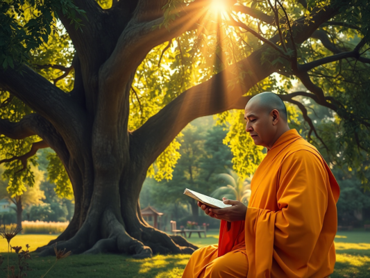 Một vị sư thuyết pháp dưới gốc cây cổ thụ trong khu vườn xanh mát, ánh sáng vàng rực rỡ xuyên qua tán lá, tạo nên không gian thanh bình và trang nghiêm