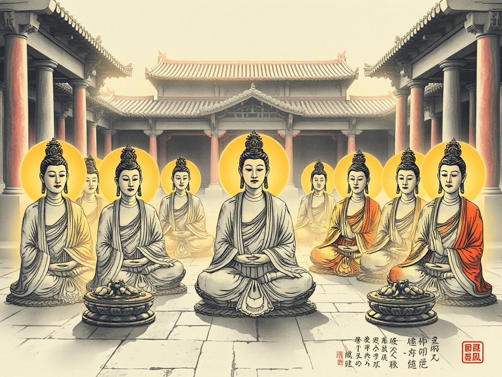 Mười hai vị Bồ Tát trong kinh Viên Giác đang ngồi thiền trong tư thế hoa sen, tỏa hào quang vàng, bối cảnh sân chùa cổ kính với ánh sáng buổi sáng nhẹ nhàng, phong cách hội họa mực Đông Á truyền thống