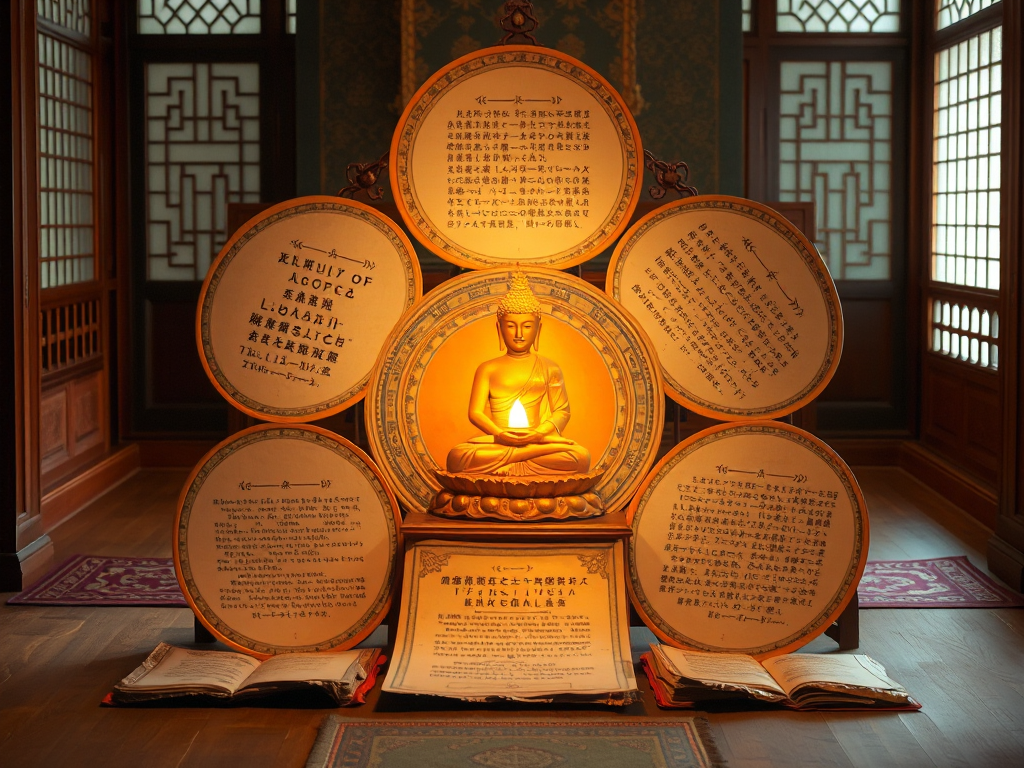 Năm kinh Phật được sắp xếp theo vòng tròn tượng trưng cho các mục đích cuộc sống khác nhau, ánh sáng vàng dịu tỏa trên những bản kinh cổ trong không gian thiền định truyền thống Năm kinh Phật được sắp xếp theo vòng tròn tượng trưng cho các mục đích cuộc sống khác nhau, ánh sáng vàng dịu tỏa trên những bản kinh cổ trong không gian thiền định truyền thống