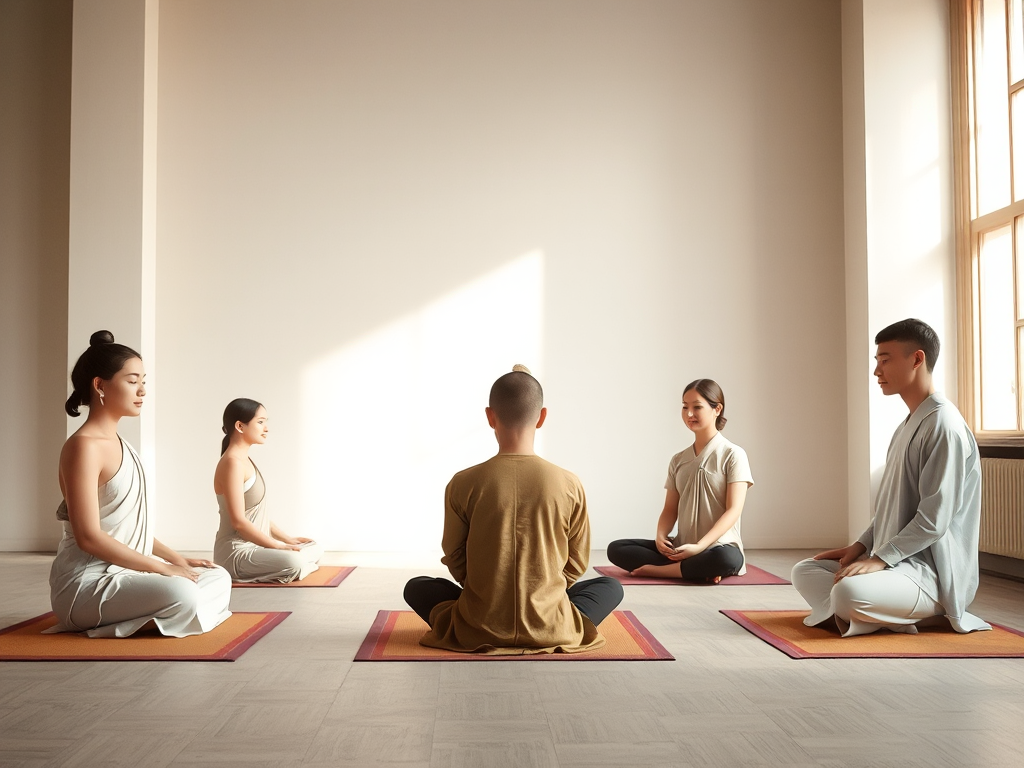 Năm tư thế ngồi tụng kinh Phật phù hợp mọi đối tượng: ngồi kiết già, bán già, quỳ, ngồi ghế và ngồi xếp bằng trên sàn, minh họa chi tiết trong không gian thanh tịnh