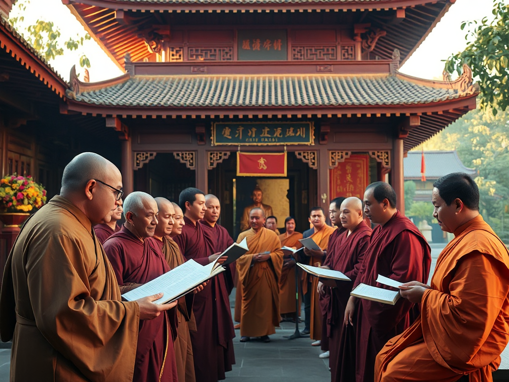 Nghi thức tụng kinh Địa Tạng được so sánh giữa các chùa với sự tham gia của các vị sư và Phật tử trong không gian chùa Việt Nam truyền thống với ánh sáng vàng ấm áp