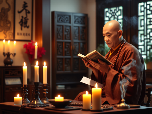 Nghi thức tụng Kinh Phổ Môn tại nhà với sư thầy đang tụng kinh trước bàn thờ, ánh nến lung linh và khói hương nghi ngút tạo không gian thanh tịnh