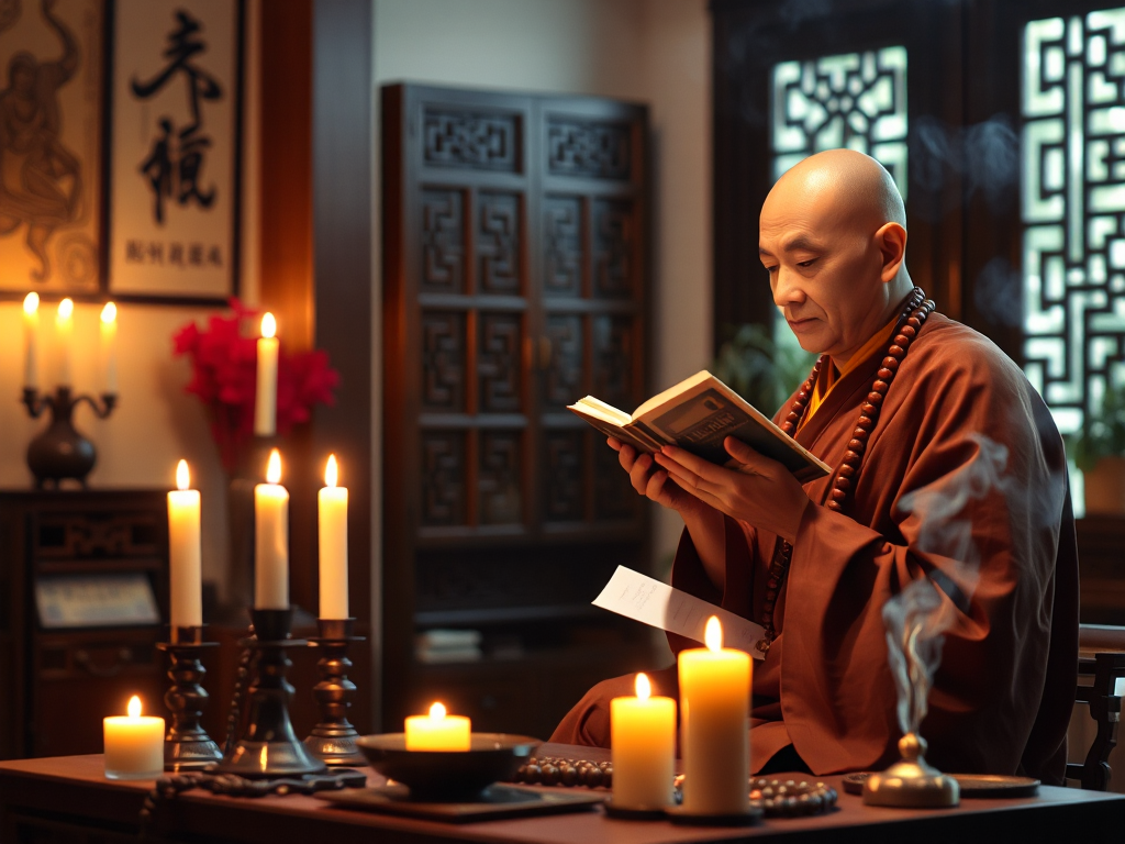 Nghi thức tụng Kinh Phổ Môn tại nhà với sư thầy đang tụng kinh trước bàn thờ, ánh nến lung linh và khói hương nghi ngút tạo không gian thanh tịnh