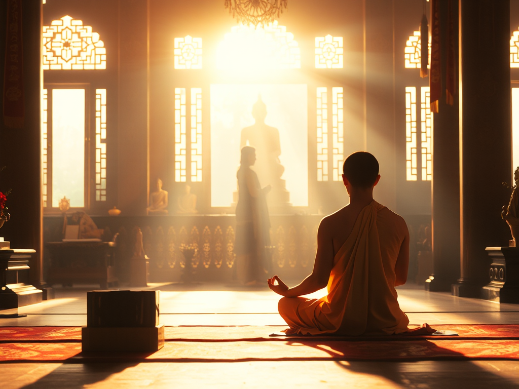 Người cư sĩ ngồi thiền định trong tư thế hoa sen tại chùa Việt Nam, ánh sáng mặt trời dịu nhẹ xuyên qua cửa sổ, không gian thanh tịnh thể hiện thực hành Kinh Quán Vô Lượng Thọ