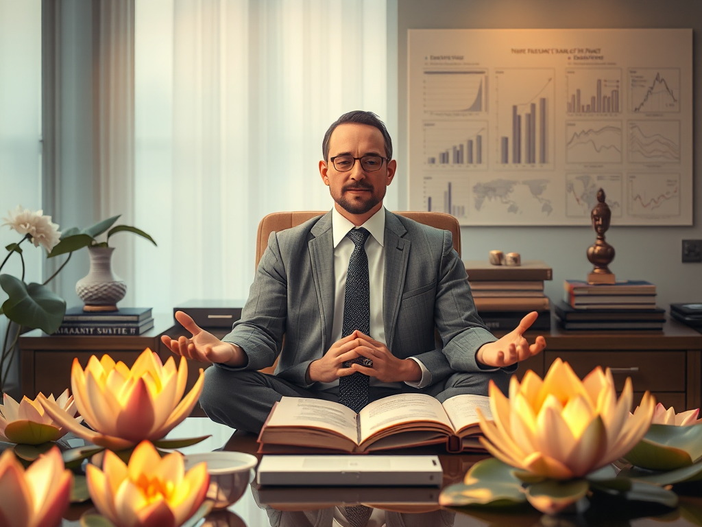 Người đàn ông kinh doanh ngồi thiền trên bàn làm việc với hoa sen và kinh Phật, ánh sáng vàng dịu tượng trưng cho sự kết hợp giữa tâm linh và thương mại hiện đại Người đàn ông kinh doanh ngồi thiền trên bàn làm việc với hoa sen và kinh Phật, ánh sáng vàng dịu tượng trưng cho sự kết hợp giữa tâm linh và thương mại hiện đại