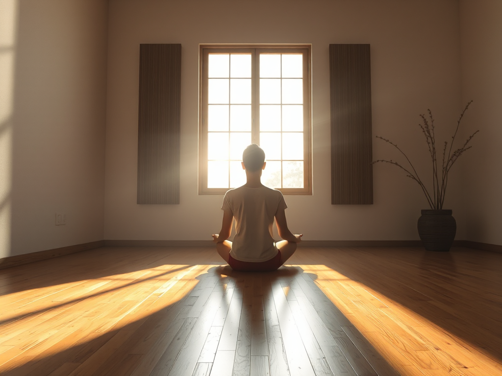 Người đang ngồi thiền tư thế hoa sen trên sàn gỗ, ánh sáng buổi sáng chiếu qua cửa sổ, không gian nội thất tối giản theo phong cách thiền định